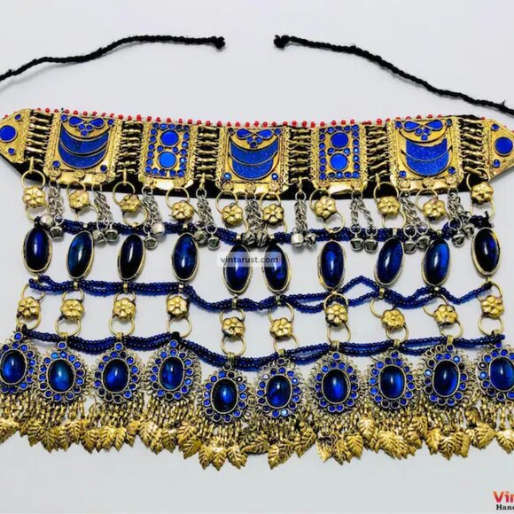 Blue Choker Necklace, Handmade Afghan Tribal Choker Necklace, Statement Boho - Picture 4 of 9